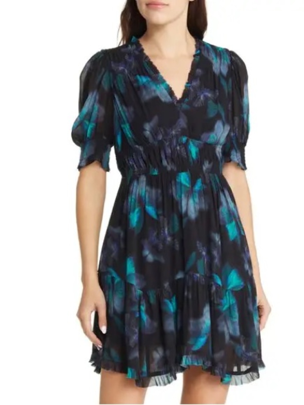 All Saints Via Cordelia Teal & Black Floral V-Neck Tiered Mini Dress 💙💙